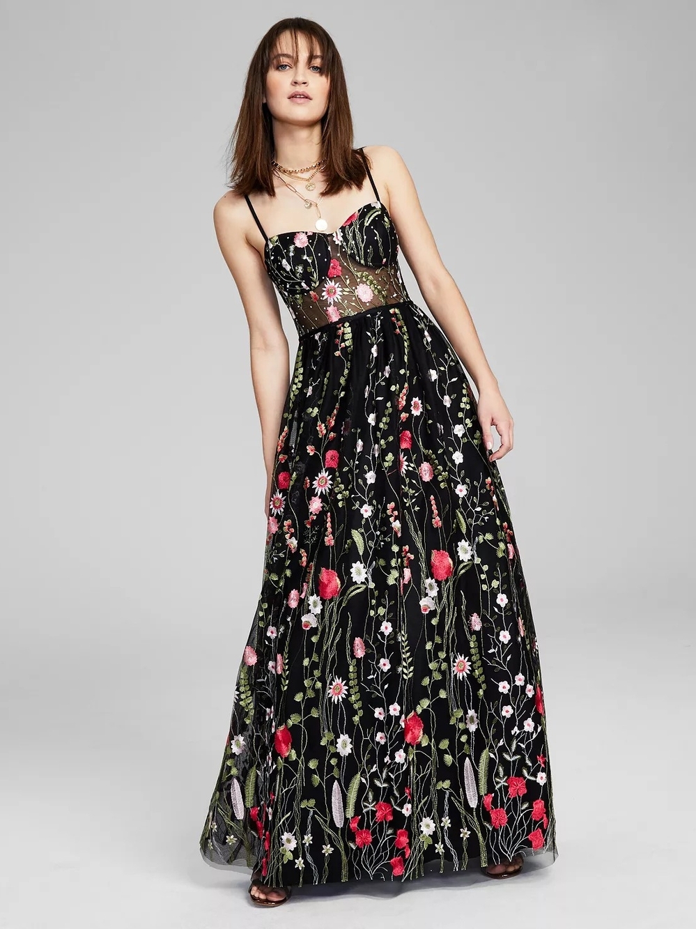 City Studios - Floral Embroidered Mesh Gown - Size 11